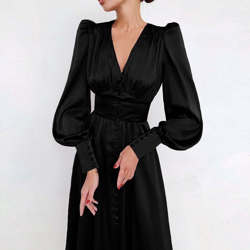 Damen-Partykleid mit V-Ausschnitt und Puffärmeln in elegantem Design