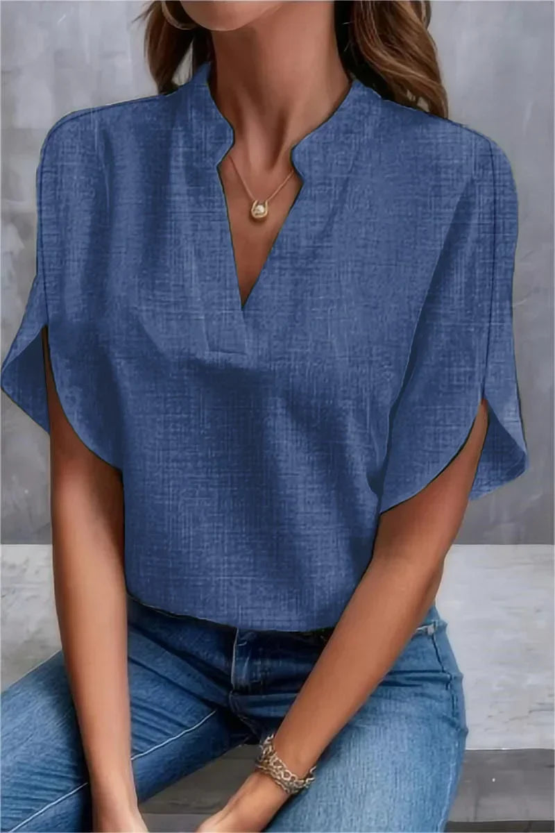 Lockere Bluse mit V-Ausschnitt und asymmetrischem Saum - Herta