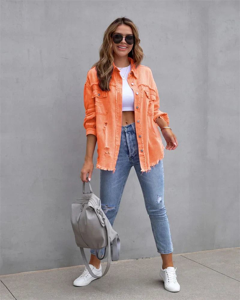 Ungesäumte Jeansjacke von Anna® in Rosarot, Orange und Lila für den Frühling