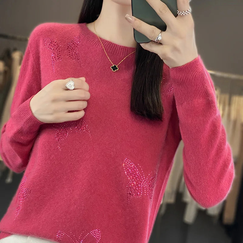 KROHN-E Damen Strickpullover Schmetterling-Design Weich