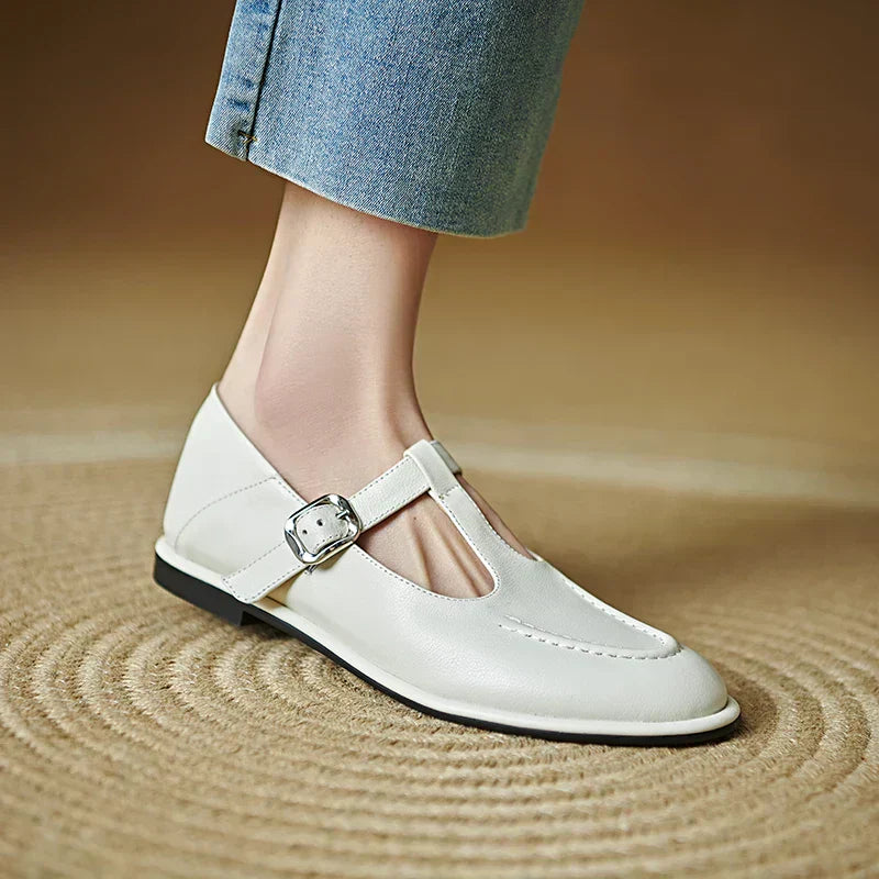KROHN-E Damen T-Spangen Mary Jane Flats Runde Zehenkappe