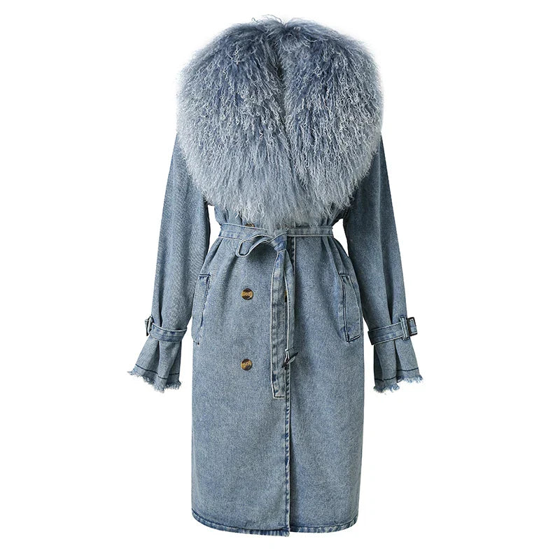 Krohn-e | Lange Denimjacke mit Kunstfell Baumwollmix Modern und Elegant