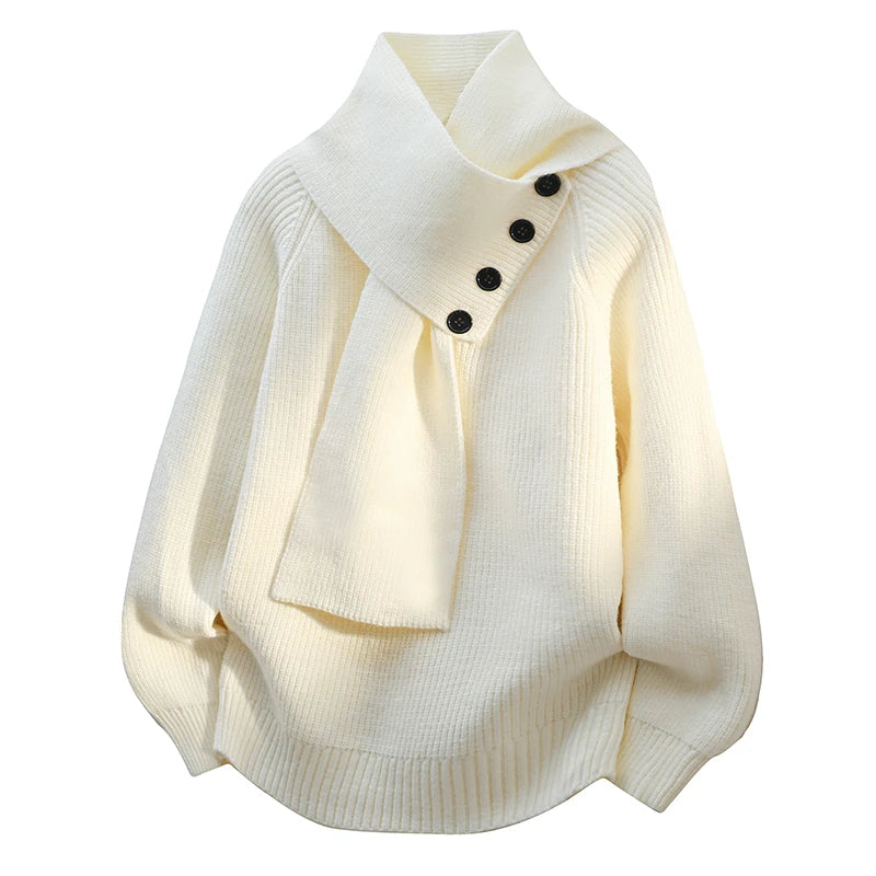 KROHN-E Damen Schalkragen Pullover Weicher Strick Beige