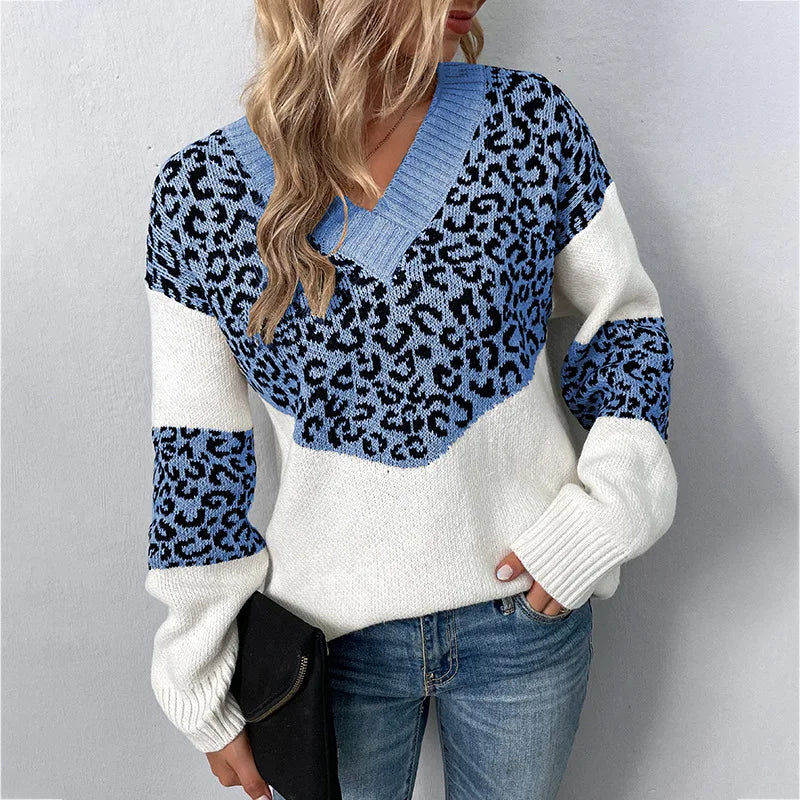 KROHN-E Damen V-Ausschnitt Pullover Leopardenmuster Weichstrick