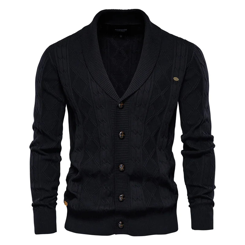 Konrad | Herren-Strickjacke mit Schalkragen, Rautenmuster, Knopfleiste