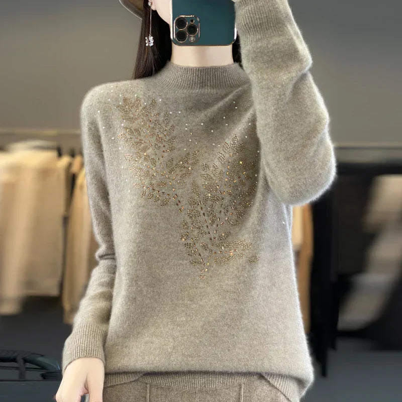 KROHN-E Damen Pullover Verziert Blatt-Design Elegant Vielseitig