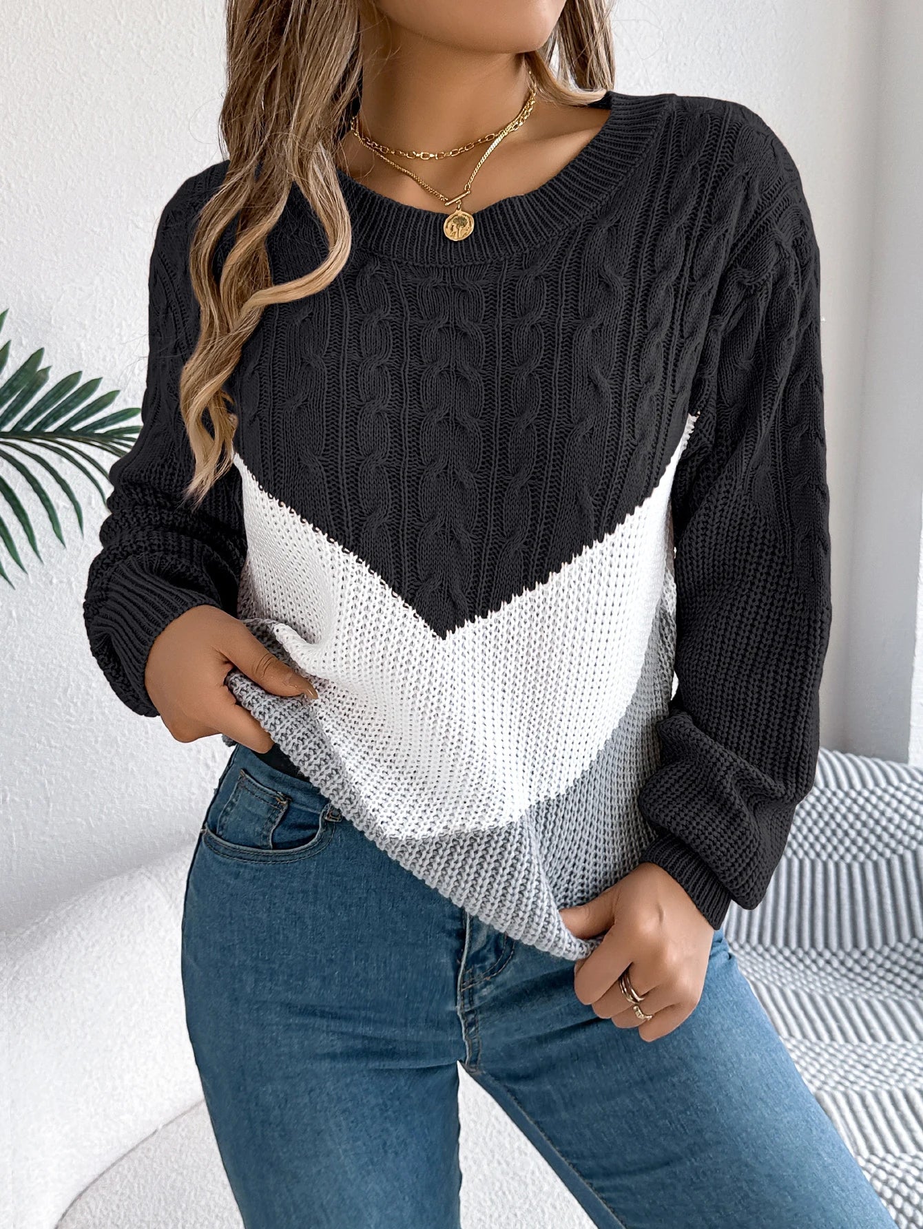 KROHN-E Damen Pullover Chevron Strick Beige