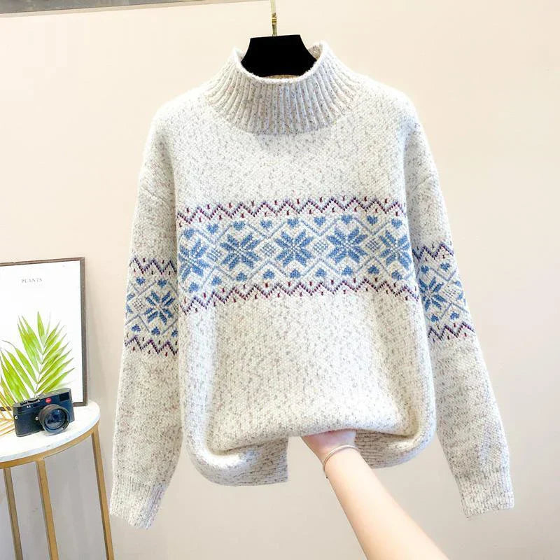 KROHN-E Damen Strickpullover Schneeflocken-Muster Rollkragen Winter