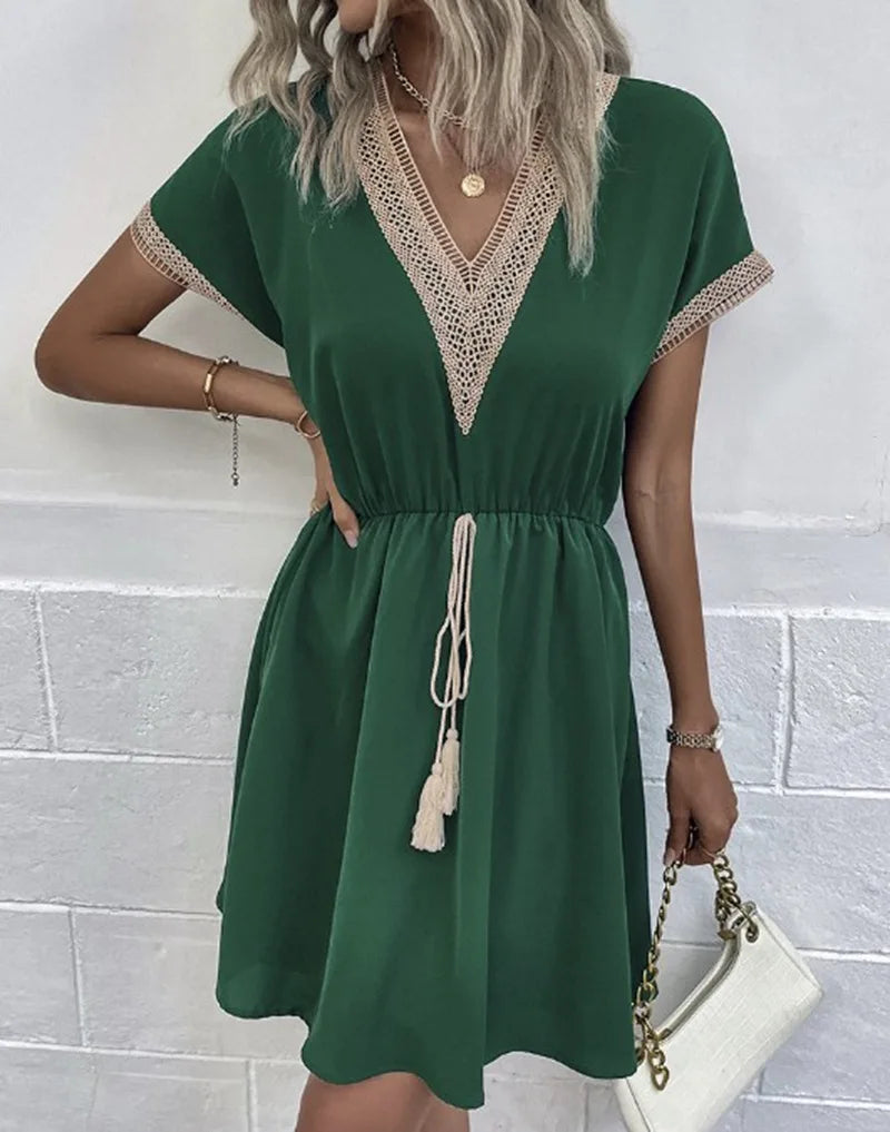 KROHN-E Damen Boho-Kleid V-Ausschnitt Fließend Casual