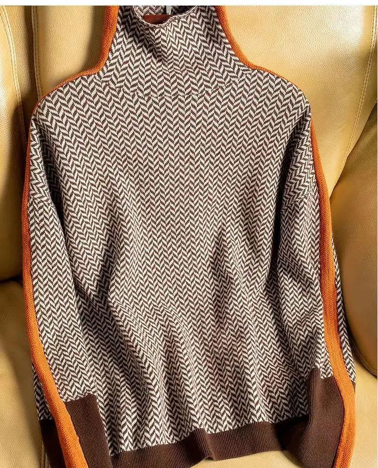 KROHN-E Damen Rollkragen-Pullover Fischgrätenmuster Weich