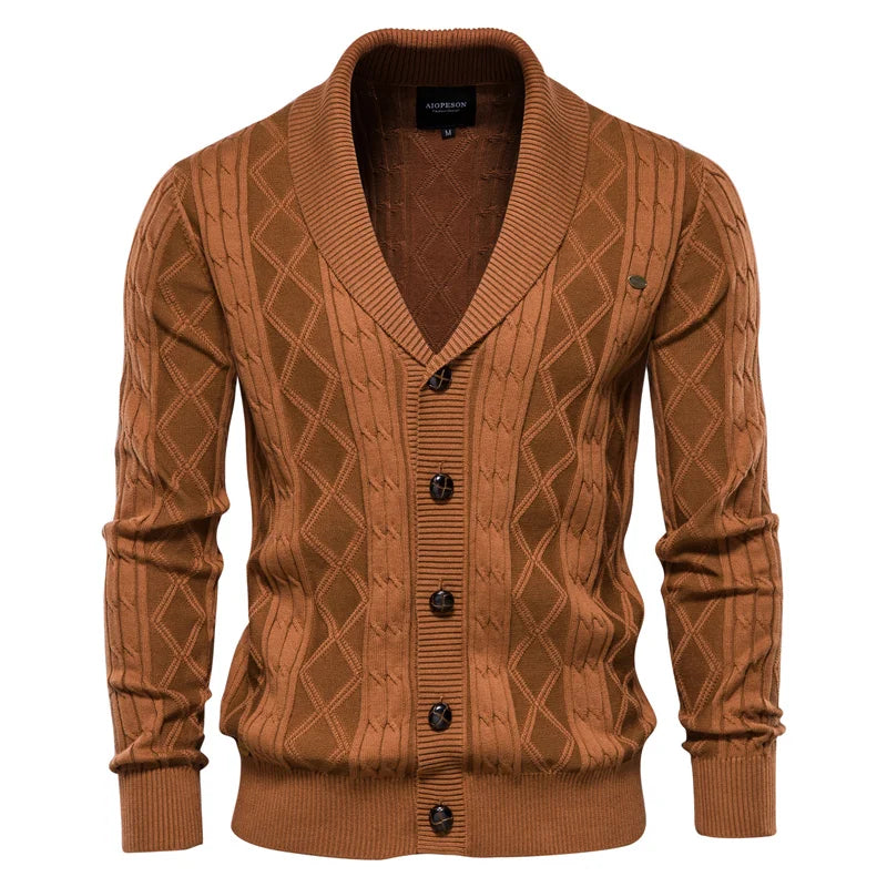 Konrad | Herren-Strickjacke mit Schalkragen, Rautenmuster, Knopfleiste