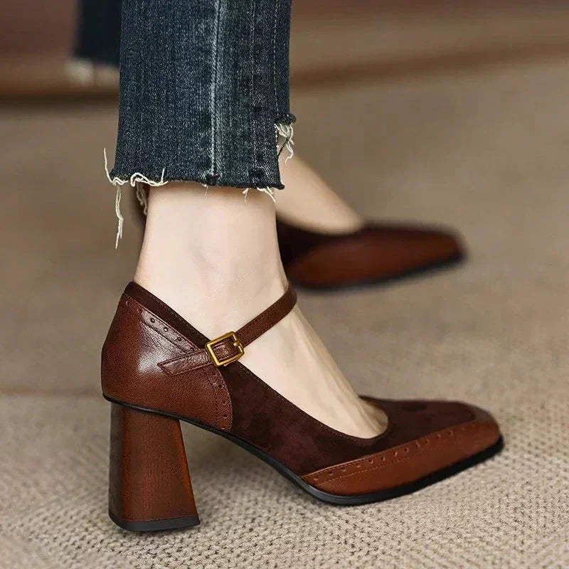 KROHN-E Damen Pumps Eckige Spitze Braun Blockabsatz