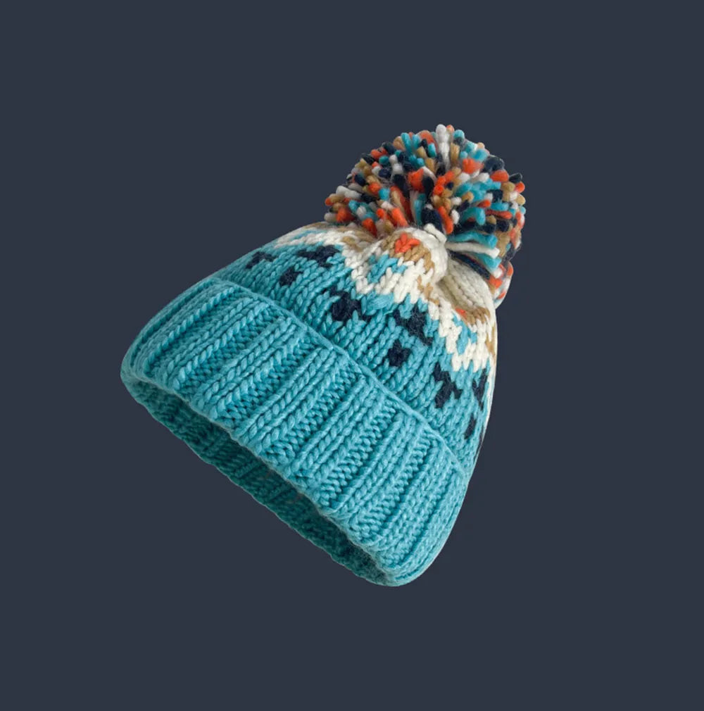KROHN-E Damen Winter-Mütze Strick Bommel Schneeflocken-Muster