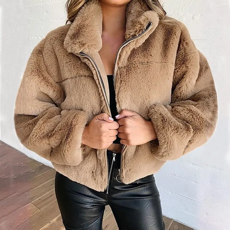 Krohn-e | Faux-Fur-Jacke - Übergroßer Schnitt - Hoher Kragen - Volle Reißverschluss - Weich & Gemütlich