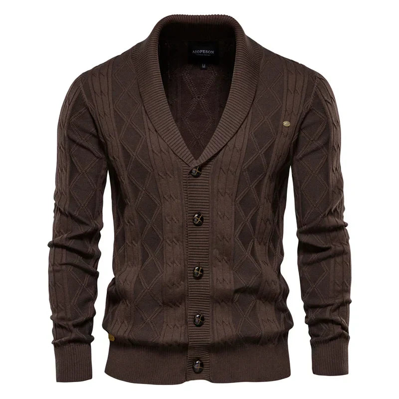 Konrad | Herren-Strickjacke mit Schalkragen, Rautenmuster, Knopfleiste