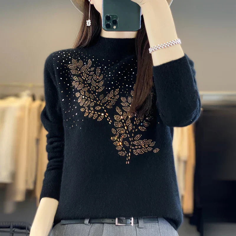 KROHN-E Damen Pullover Verziert Blatt-Design Elegant Vielseitig
