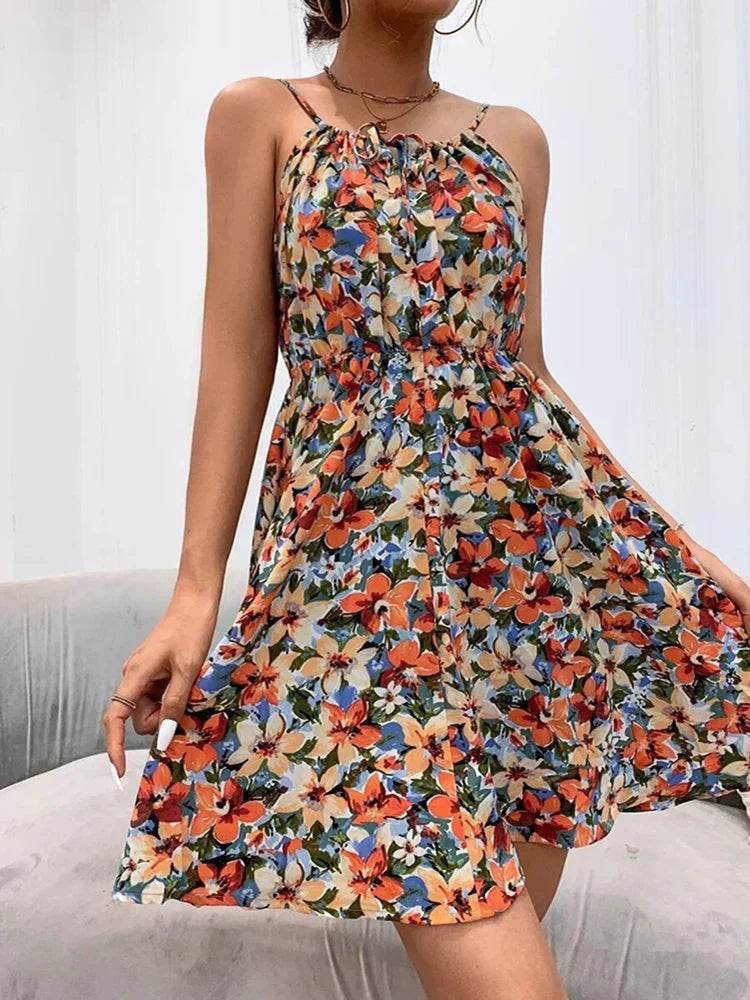 KROHN-E Damen Sommer-Kleid Blumenmuster ärmellos A-Linie