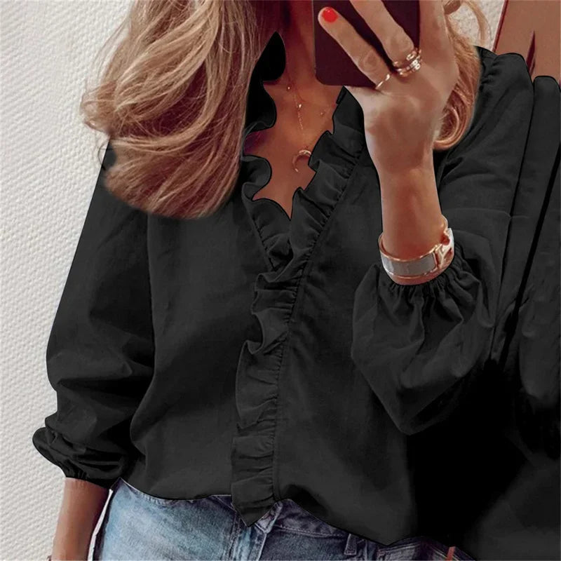 Luisa | Damen Bluse Langarm mit Rüschen V-Ausschnitt