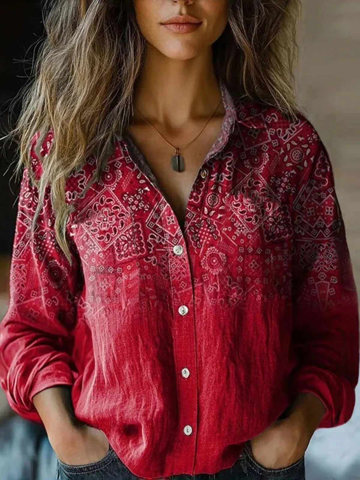 KROHN-E Damen Bluse Langarm Blumenmuster Herbstfarben Knopfleiste