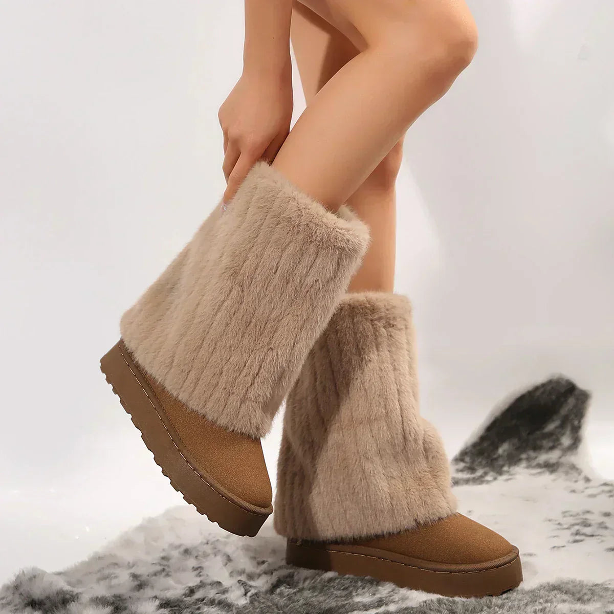 KROHN-E Damen Winterstiefel Fell-Futter Wasserdicht Braun
