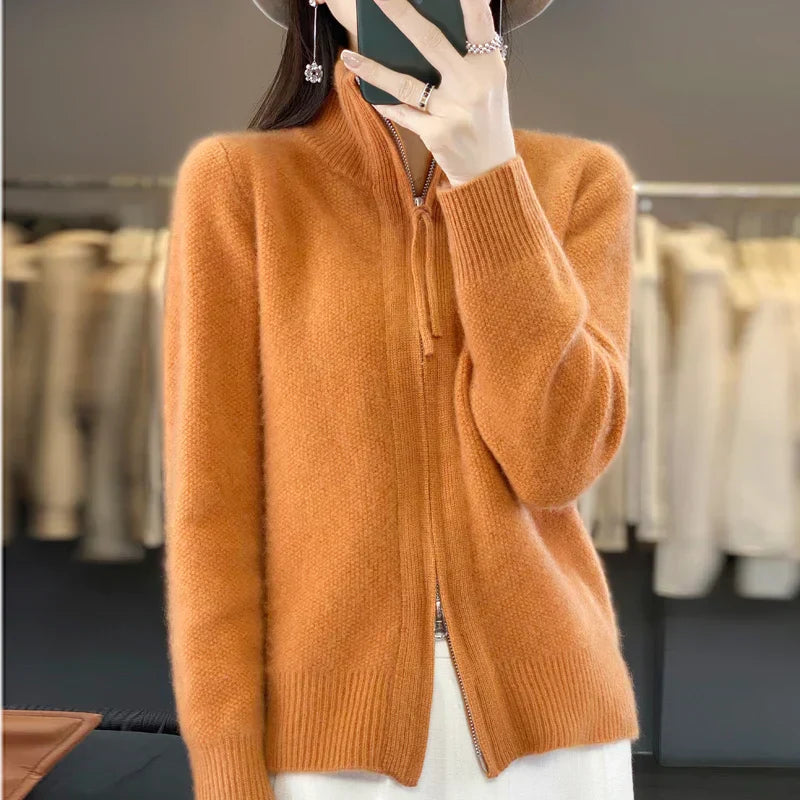 Krohn-e | Woll Cardigan Doppelter Reißverschluss und Hoher Kragen Weich und Elegant
