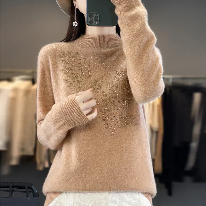 KROHN-E Damen Pullover Verziert Blatt-Design Elegant Vielseitig