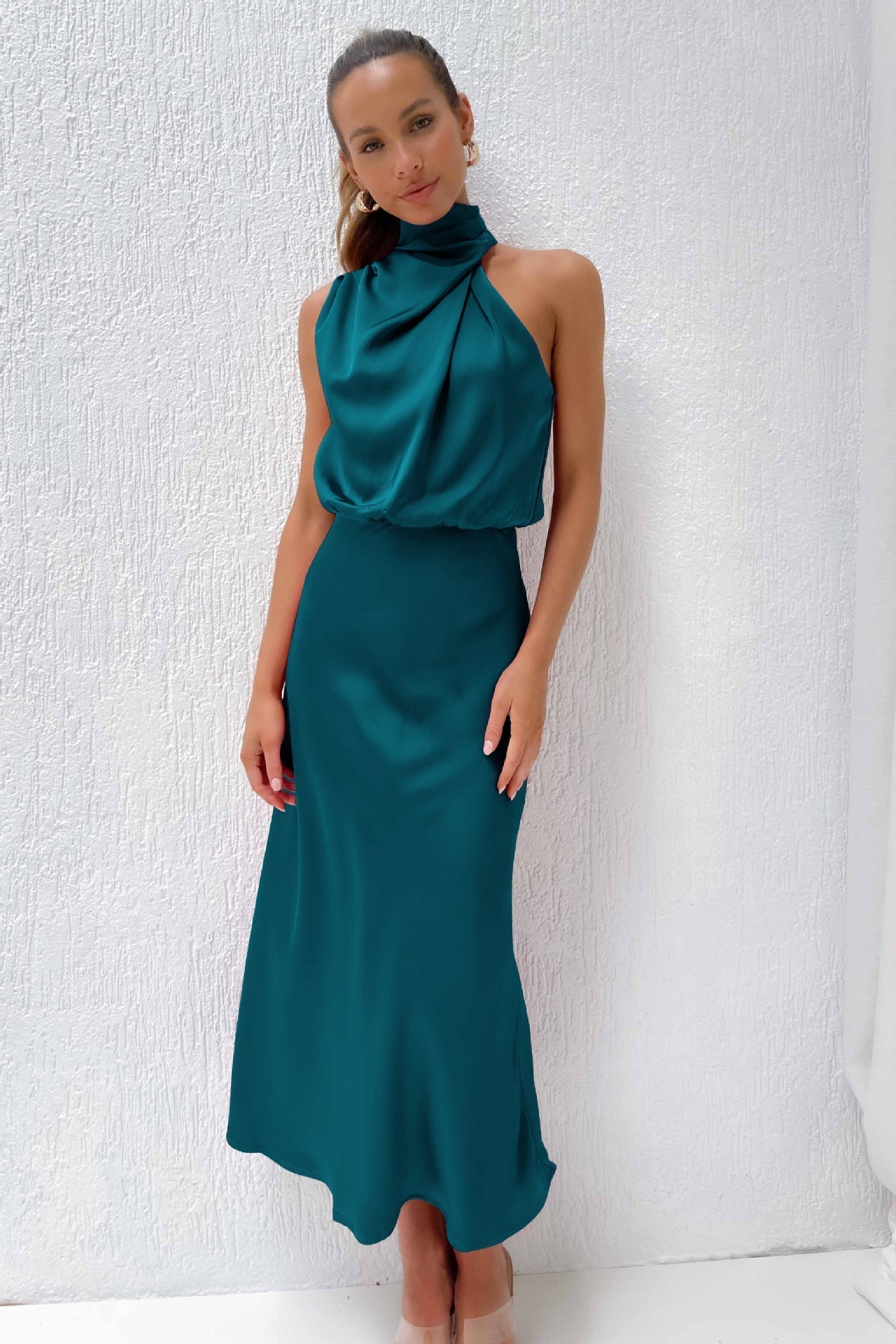 KROHN-E Damen Abendkleid Neckholder-Design bodenlang Satin