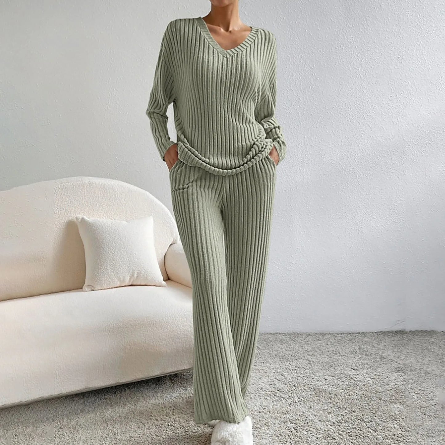 KROHN-E Damen Strick Zweiteiler Set Entspannt Beige Loungewear