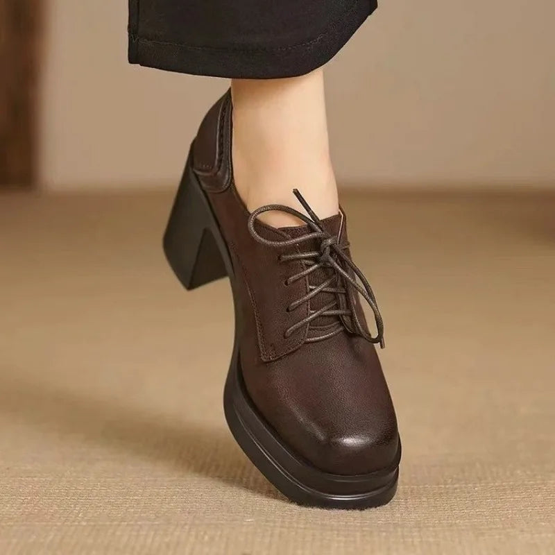 KROHN-E Damen Oxford Schnürschuhe Blockabsatz Platform Braun Schwarz