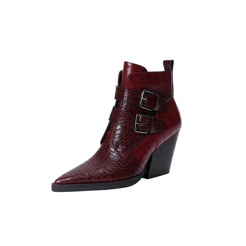 KROHN-E Damen Stiefeletten Schnallenverschluss Kunstleder Schwarz