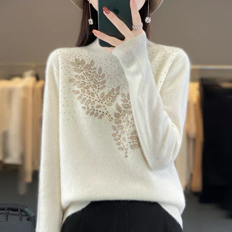KROHN-E Damen Pullover Verziert Blatt-Design Elegant Vielseitig