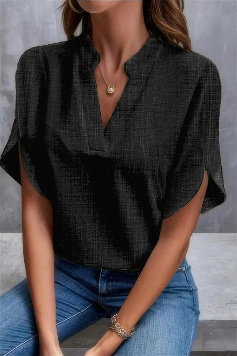 Lockere Bluse mit V-Ausschnitt und asymmetrischem Saum - Herta