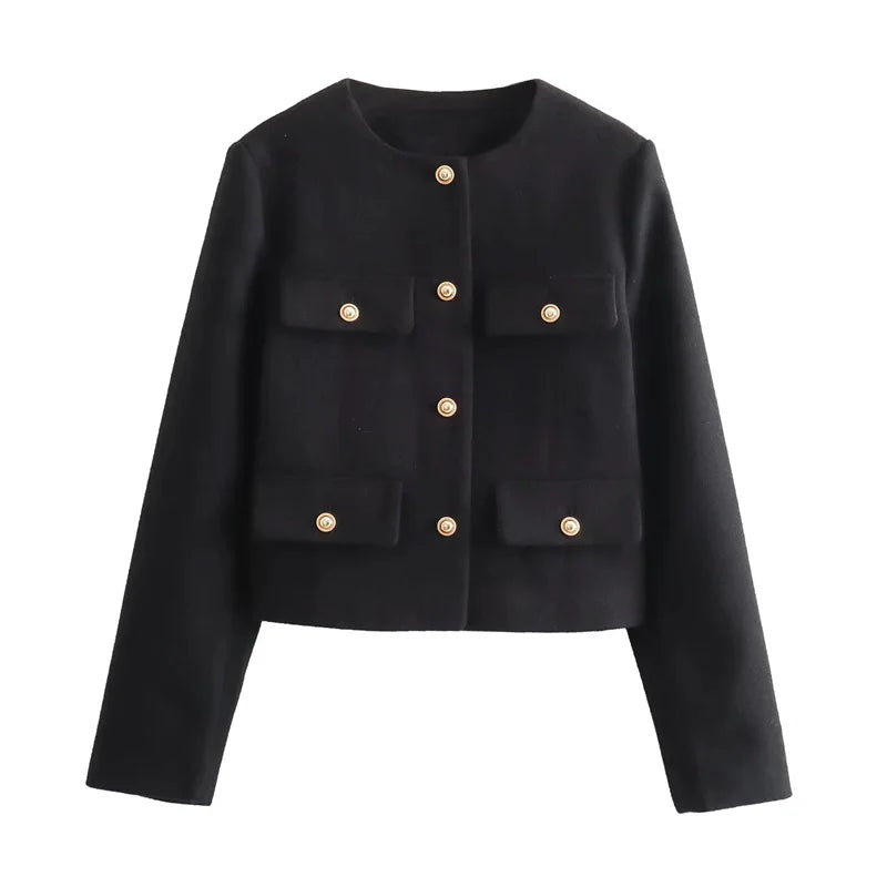 Krohn-e | Elegante Bouclé-jacke Goldknöpfe und Taschen Klassischer Stil