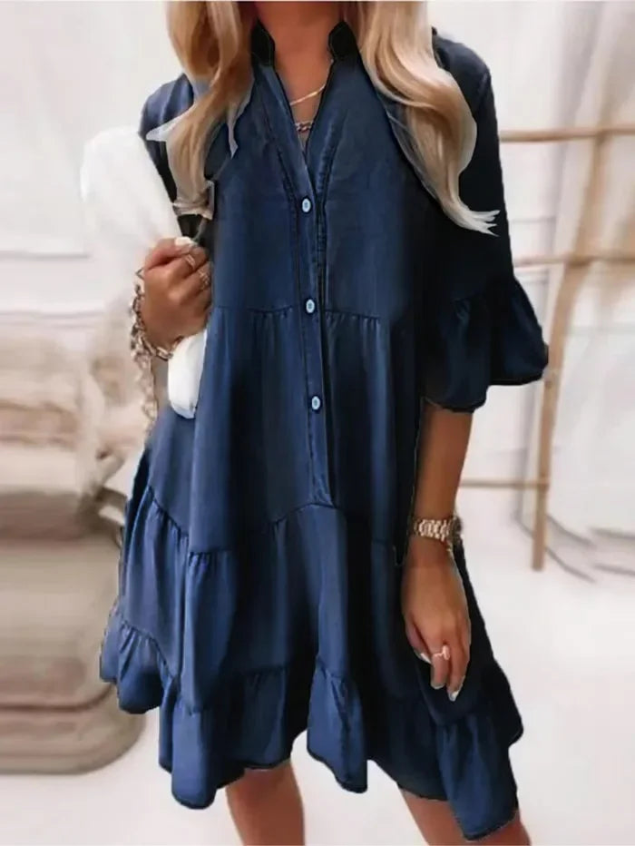 KROHN-E Damen Mini-Kleid Jeans Volants Knopfleiste Hellblau