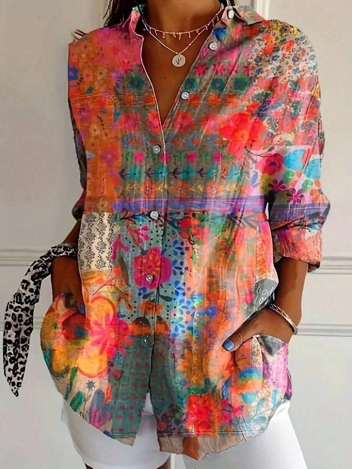 KROHN-E Damen Bluse Verspieltes Muster Leichter Stoff Bunt