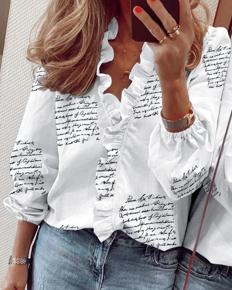 Luisa | Damen Bluse Langarm mit Rüschen V-Ausschnitt