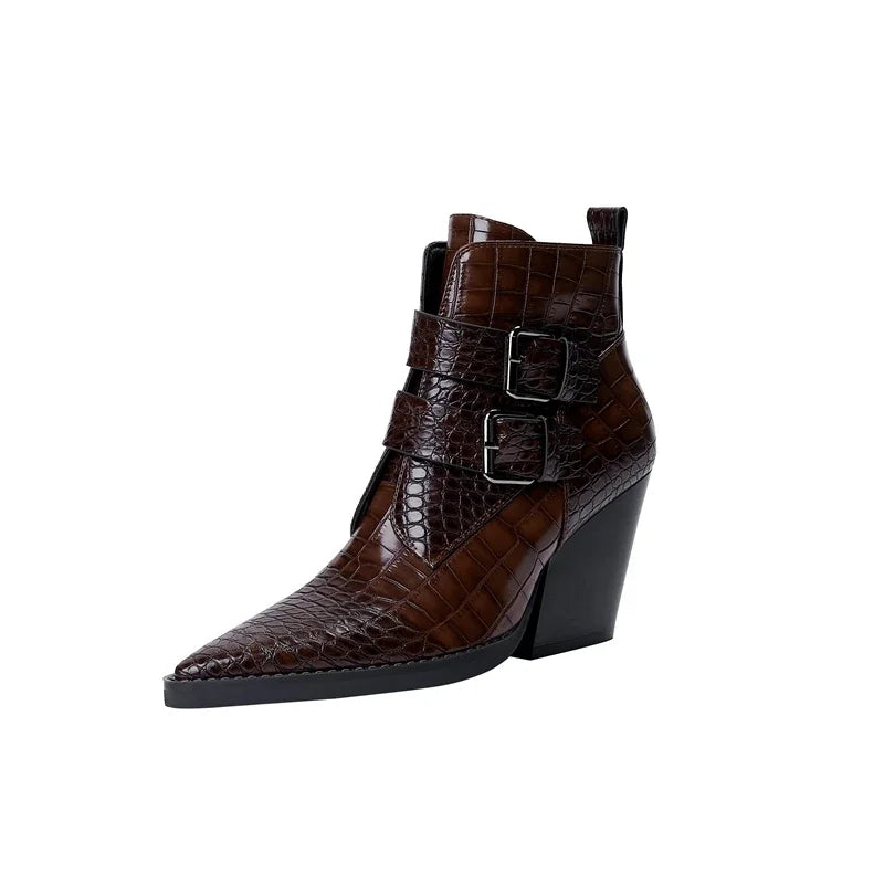 KROHN-E Damen Stiefeletten Schnallenverschluss Schwarz Kunstleder