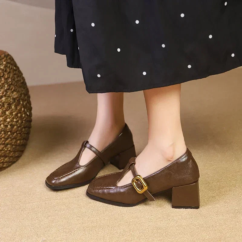 KROHN-E Damen Pumps eckige Zehenform Blockabsatz Schnalle