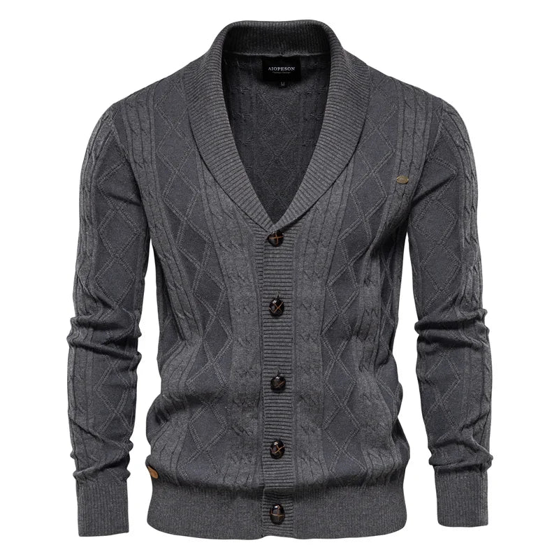 Konrad | Herren-Strickjacke mit Schalkragen, Rautenmuster, Knopfleiste