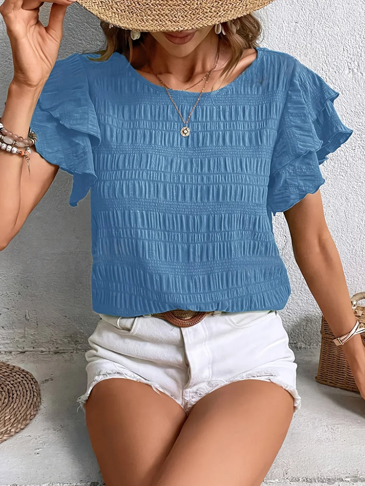 Ruby | Damen Smok-Bluse Kurzarm mit Rüschenärmeln