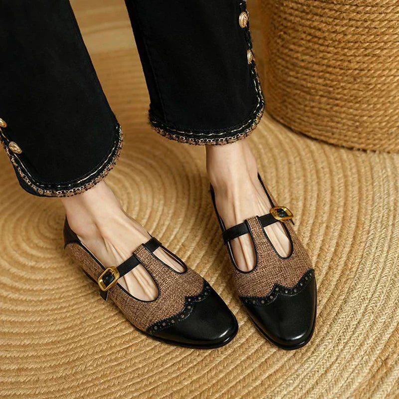 KROHN-E Damen Vintage T-Spangen-Schuhe Zweifarbig Braun Schwarz