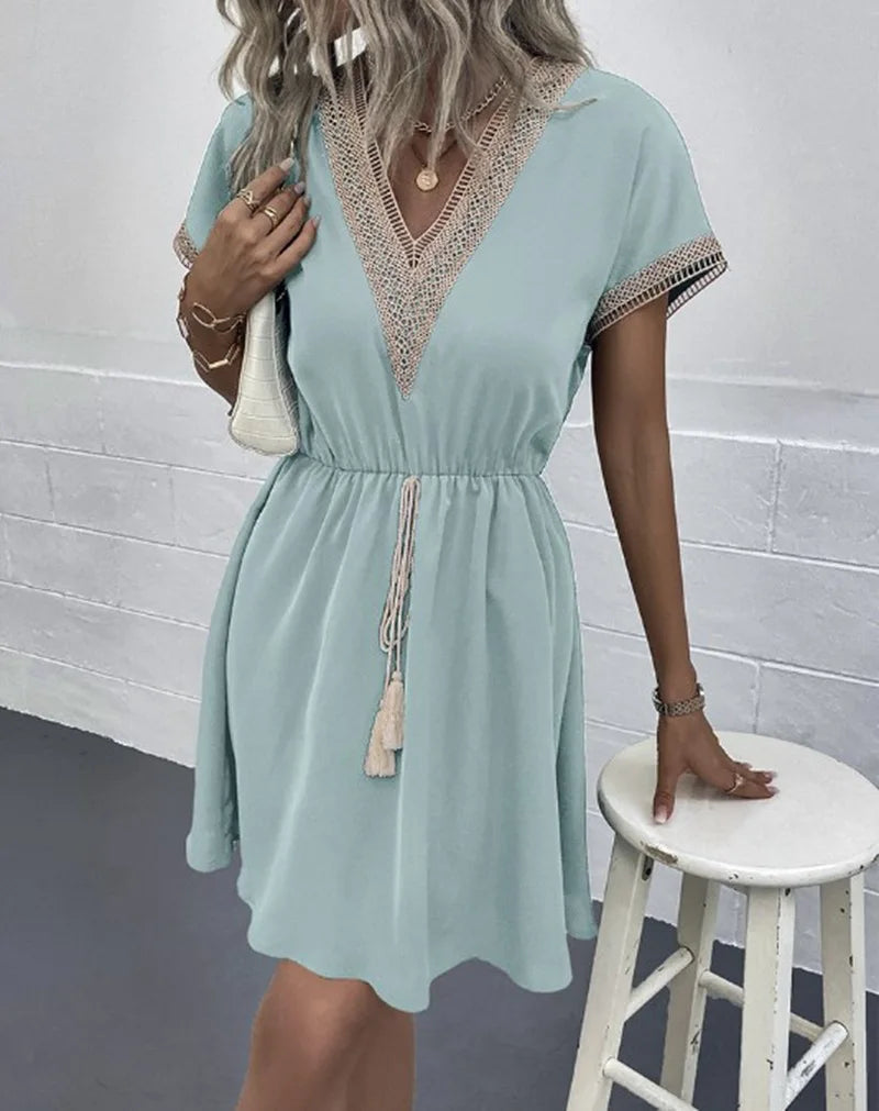 KROHN-E Damen Boho-Kleid V-Ausschnitt Fließend Casual