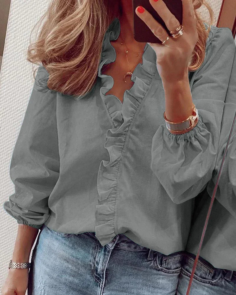 Luisa | Damen Bluse Langarm mit Rüschen V-Ausschnitt