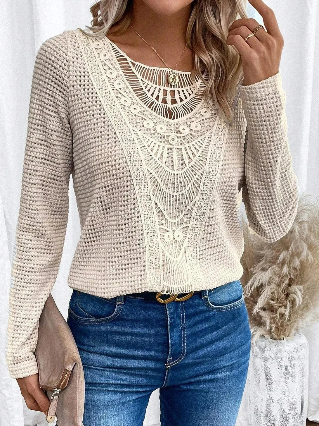 KROHN-E Damen Strickpullover Langarm Klassisch Beige