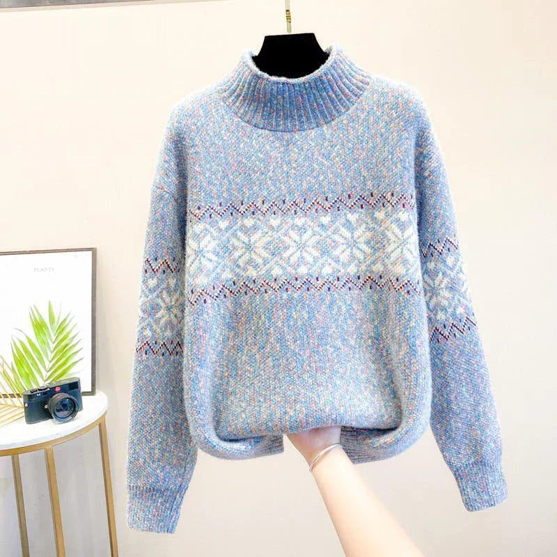 KROHN-E Damen Strickpullover Schneeflocken-Muster Rollkragen