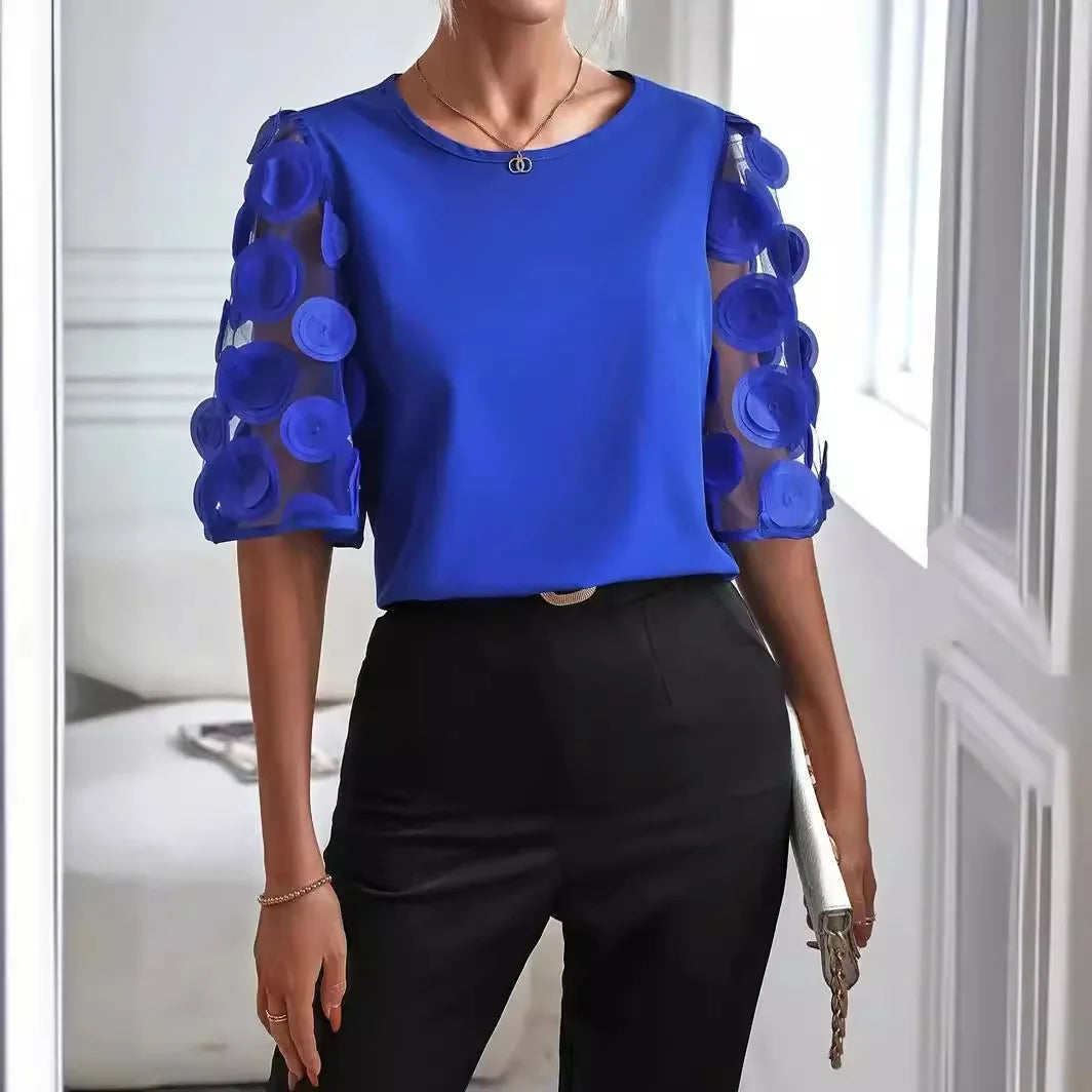 KROHN-E Damen Langarm-Bluse V-Ausschnitt Transparente Ärmel Punkte-Details