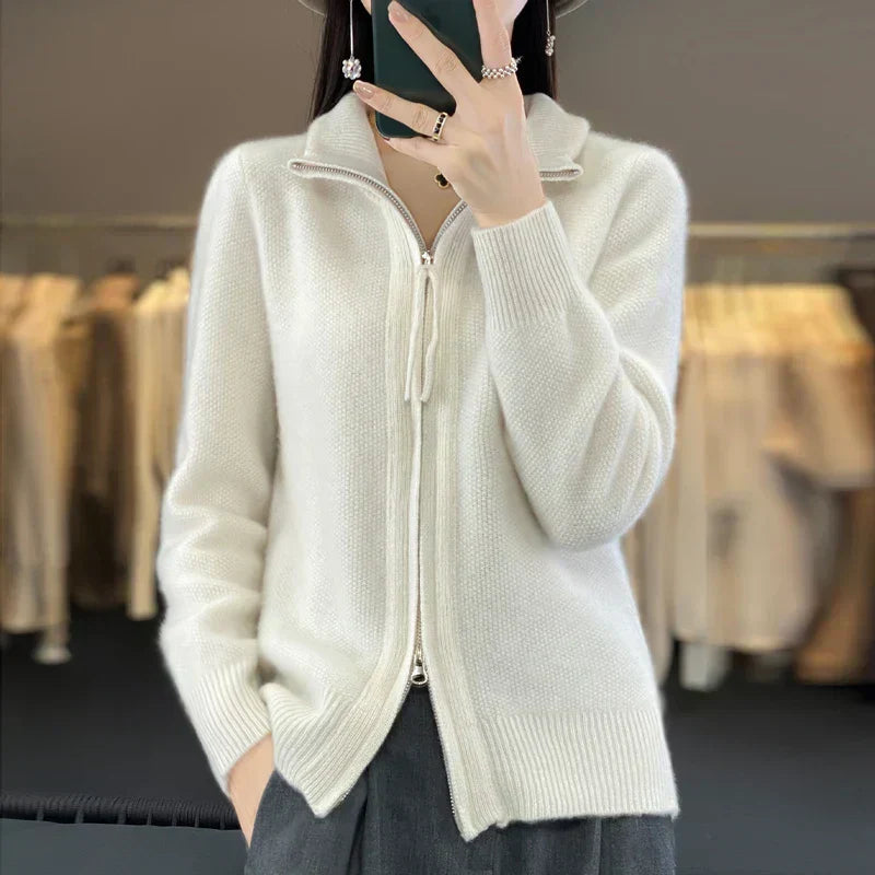 Krohn-e | Woll Cardigan Doppelter Reißverschluss und Hoher Kragen Weich und Elegant