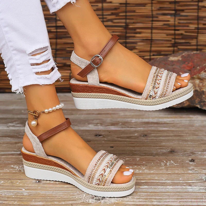 KROHN-E Damen Sommer-Sandalen Open-Toe verstellbare Riemen Beige
