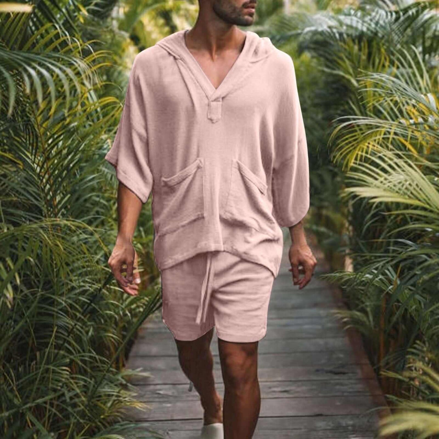 Fudus Hoodie und Shorts Set: V-Ausschnitt, Dreiviertelärmel, Relaxed Fit, Atmungsaktiv