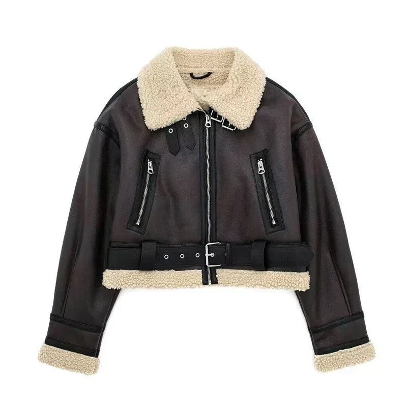 Krohn-e | Lammfelljacke - Kurzes Modell - Oversized Fit - Warme Wollfutter - Reißverschluss schließen